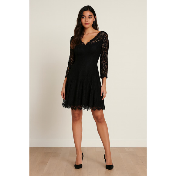 Black Lace Dress 1X Overlay Bell Sleeve V Neck Scallop Hem Boho Fairy Romantic - Picture 1 of 10